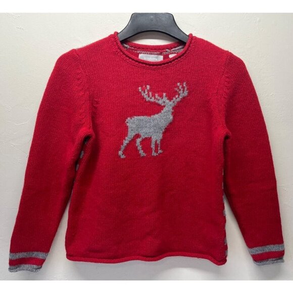 VTG Womens Large Petite 100% Lambs Wool Sweater Pullover Moose Elk Red Striped - Picture 1 of 8